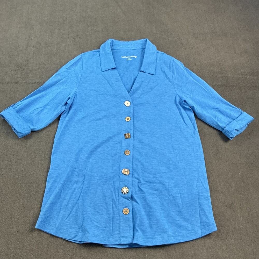 Soft Surroundings Button Embellished 3/4 Sleeve Blue Small